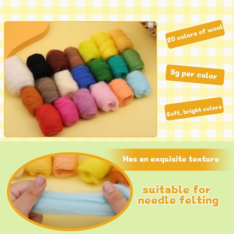 SOCNITC 20 Colors Needle Felting Kits for Beginners, Needle Supplies Kits with Tools,Wool Roving Set, Needle Felting Tools Kit with Needles, Felting Pad for DIY Handcrafts Decoration - Image 5